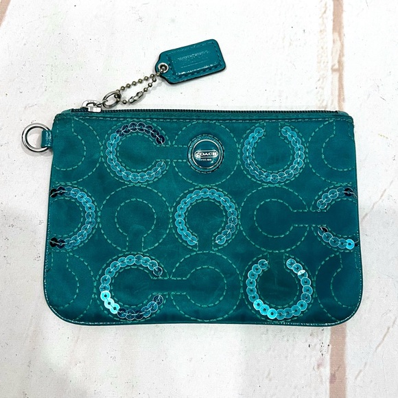 Coach Teal Green Satin Sequin Clutch Purse Wallet - Picture 1 of 10